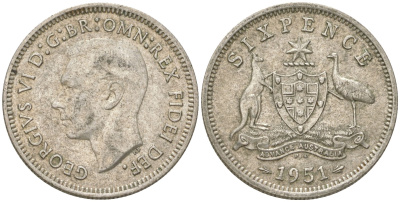 Австралия 6 пенсов 1951 PL, Георг V (1936-1952) KM 45 серебро 4623-241