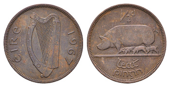 Ирландия 1/2 пенни 1967 свинья с поросятами KM 10 бронза 4695-553