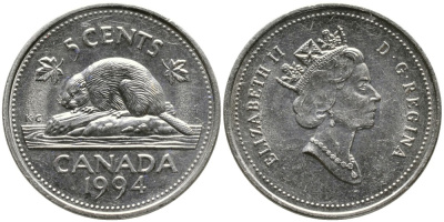 КАНАДА 5 ЦЕНТОВ 1994 ЕЛИЗАВЕТА II (1952-), БОБР, ТРЕТИЙ ПОРТРЕТ В КОРОНЕ KM 182 медно-никель 4543-713