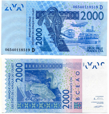 Валютный Союз стран Западной Африки, Мали 2000 франков 2003 буква "D" Pick 416Da бумага UNC (пресс) 7204-19-3-2