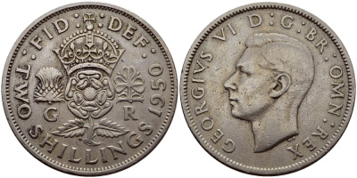 Великобритания 2 шиллинга (флорин) 1950 Георг VI (1936-1952) KM 878, Spink 4107 медно-никель 83-1726