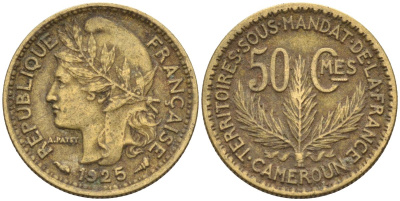 Французский Камерун 50 сантимов 1925 (а), монетный двор Париж KM 1 алюминиевая бронза 4164-1232