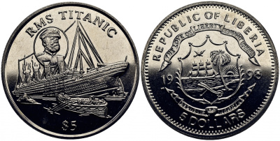Либерия 5 долларов 1998 гибель Титаника КМ 363 медно-никель UNC 4386-523