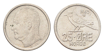Норвегия 25 эре 1963 Улаф V (1957-1991) KM 407 медно-никель UNC 4705-846