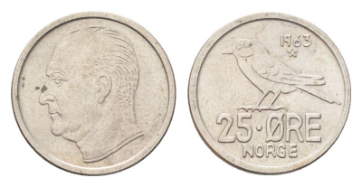Норвегия 25 эре 1963 Улаф V (1957-1991) KM 407 медно-никель UNC 4705-846
