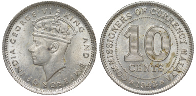 Британская Малайя 10 центов 1943 Георг VI (1937-1952) KM 4a серебро 53-246
