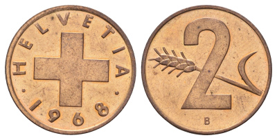 Швейцария 2 раппена 1968 B KM 47 бронза UNC 4682-128