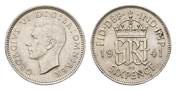Великобритания 6 пенсов 1941 Георг VI (1936-1952) KM 852, Spink 4084 серебро 4392-1319