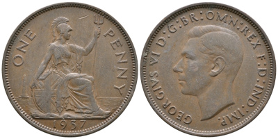 Великобритания 1 пенни 1937 Георг VI (1936-1952) KM 845, Spink 4114 бронза 4364-4234