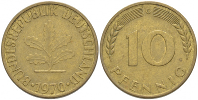ФРГ 10 ПФЕННИГОВ 1970 G KM 108 J. 383 сталь плакированная латунью 4539-921