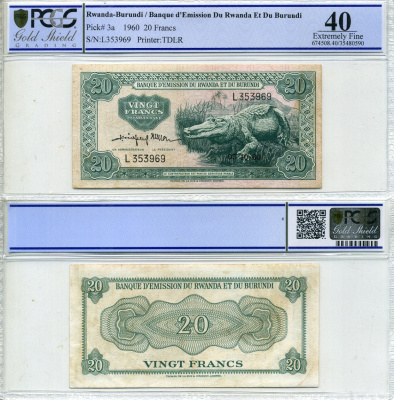Руанда - Бурунди 20 франков 1960 5 октября 1960, крокодил, TDLR, в слабе PCGS 40 Extremely Fine Pick 3 бумага 452-1-108