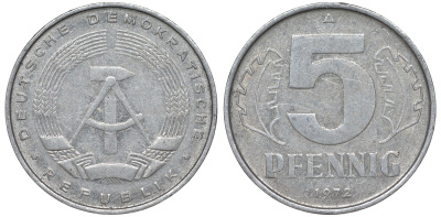 ГДР 5 пфеннигов 1972 A KM 9.1 алюминий 62-245