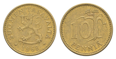 Финляндия 10 пенни 1968 KM 46 алюминиевая бронза 4647-327