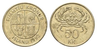 Исландия 50 крон 1992 краб KM 31 никель латунь 4691-224