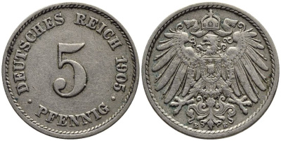 ГЕРМАНИЯ 5 ПФЕННИГОВ 1905 E KM 11, Jager 12, Weege 6 медно-никель 4547-445