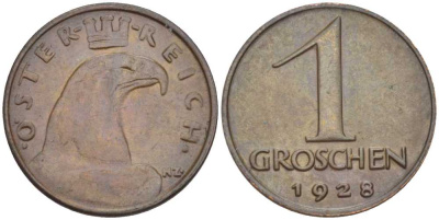АВСТРИЯ 1 ГРОШ 1928 ДОВОЕННАЯ ДЕСЯТИЧНАЯ ЧЕКАНКА KM 2836 бронза 201-161