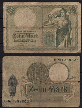 Германия 10 марок 1906 Женщина Pick 9b бумага 8602-14-2-2