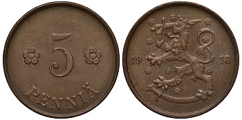 ФИНЛЯНДИЯ 5 ПЕННИ 1918 KM 22 медь 100-962