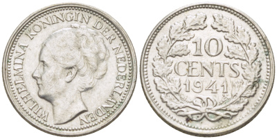 Нидерланды 10 центов 1941 Вильгельмина I (1890-1948) КМ 163 серебро 4181-1234