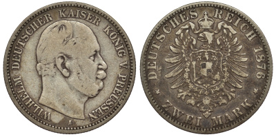 Пруссия 2 марки 1876 A, Вильгельм I (1861-1888) Weege 96, J. 96, KM 506 серебро 02-014-11