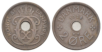 Дания 2 эре 1928 N, Кристиан X (1912-1947) KM 827 бронза 4701-664