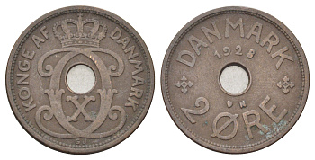 Дания 2 эре 1928 N, Кристиан X (1912-1947) KM 827 бронза 4701-656
