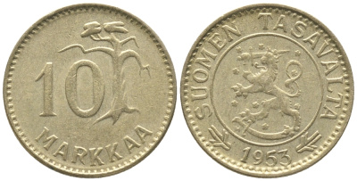 ФИНЛЯНДИЯ 10 МАРОК 1953 Н KM 38 алюминиевая бронза 100-1013