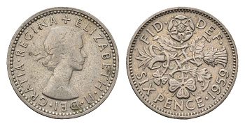 Великобритания 6 пенсов 1959 Елизавета II (1952-2022) KM 903, Spink 4149 медно-никель 4696-825