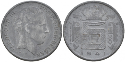 БЕЛЬГИЯ 5 ФРАНКОВ 1941 BELGEN, ГЕРМАНСКАЯ ОККУПАЦИЯ , ВТОРАЯ МИРОВАЯ ВОЙНА KM 130 цинк 68-241