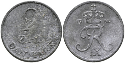 ДАНИЯ 2 ЭРЕ 1952 N; S, ФРЕДЕРИК IX (1947-1972) KM 840.1 цинк 28-1033