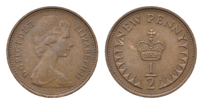 Великобритания 1/2 пенни 1971 Елизавета II (1952-2022) KM 914, Spink 4239 бронза 4696-733