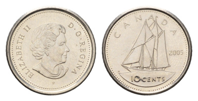 Канада 10 центов 2005 P, Елизавета II (1952-2022), парусник KM 492 сталь плакированная никелем UNC 4689-626