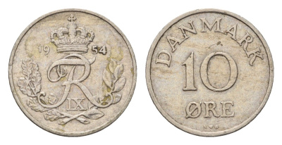 Дания 10 эре 1954 C.S, Фредерик IX (1947-1972) KM 841 медно-никель 4701-937