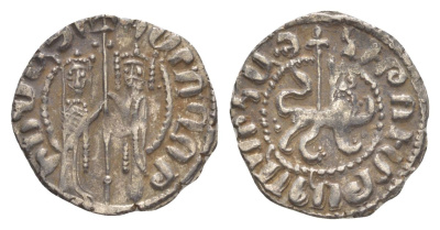 Киликийская Армения трам 1226-1271 Хетум I и царица Забель, держат крест/лев с патриаршим крестом  серебро    1516-444