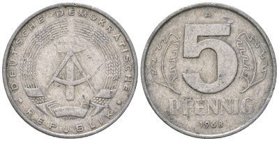 ГДР 5 пфеннигов 1968 A KM 9.1 алюминий 4625-229