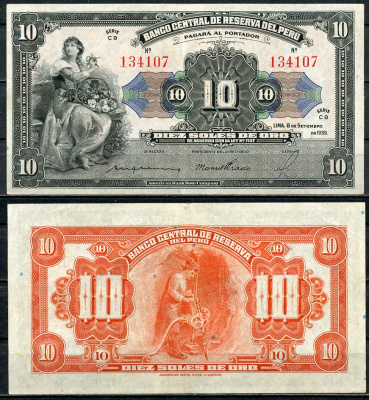 Перу 10 солей 1939 свобода с корзиной фруктов, буровой рабочий Pick 67 a  бумага   451-586-3