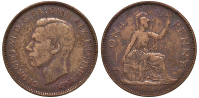 Великобритания 1 пенни 1940 Георг VI (1936-1952) KM 845, Spink 4114 бронза 4131-433