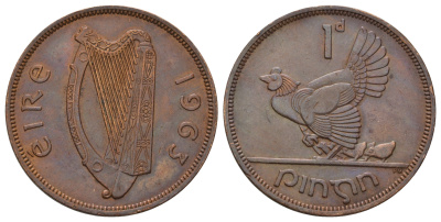 Ирландия 1 пенни 1963 курица с цыплятами KM 11 бронза 4512-1135