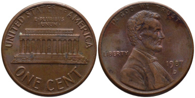 США 1 цент 1987 D, Линкольн KM 201b цинк плакированный медью 66-1032