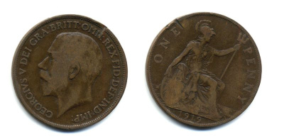 Великобритания 1 пенни 1919 Георг V (1910-1936) KM 810, Spink 4051 бронза 47-211