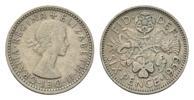 Великобритания 6 пенсов 1959 Елизавета II (1952-2022) KM 903, Spink 4149 медно-никель 100-631