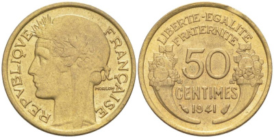 ФРАНЦИЯ 50 САНТИМОВ 1941 ТИП MORLON KM 894.1, LE FRANC 192.18 алюминиевая бронза 44-567