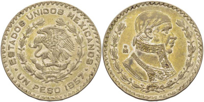 Мексика 1 песо 1957 Хосе Мария Морелос KM 459 серебро 37-411