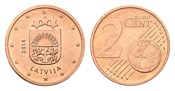 Латвия 2 евроцента 2014 KM 151 сталь плакированная медью UNC 4694-1027