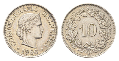 Швейцария 10 раппенов 1960 B KM 27 медно-никель 4708-213