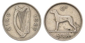 Ирландия 6 пенсов 1947 собака, ирландский волкодав KM 13a медно-никель 4696-516