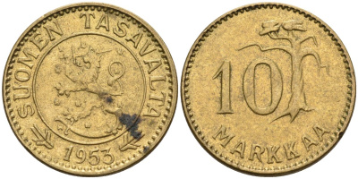 Финляндия 10 марок 1953 H KM 38 алюминиевая бронза 4595-112