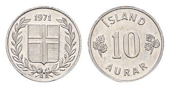 Исландия 10 эйре 1971 KM 10a алюминий UNC 4690-733