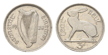 Ирландия 3 пенса 1928 заяц KM 4 никель 4696-424