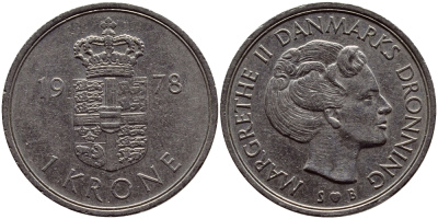 Дания 1 крона 1978 S; B, Маргрете II (1972-) KM 862.1 медно-никель 4388-114